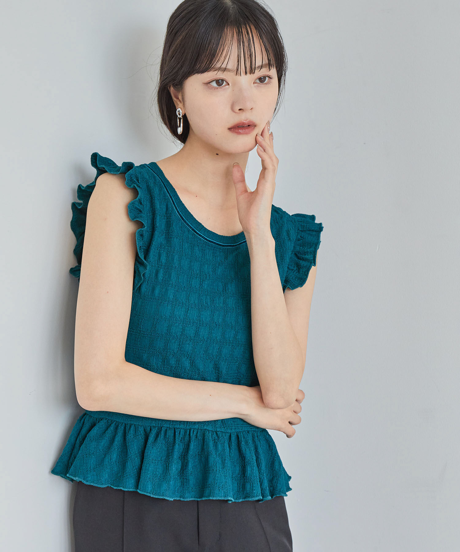 VIS「【洗える】シャーリングフリルトップス」|Tシャツ・カットソー|