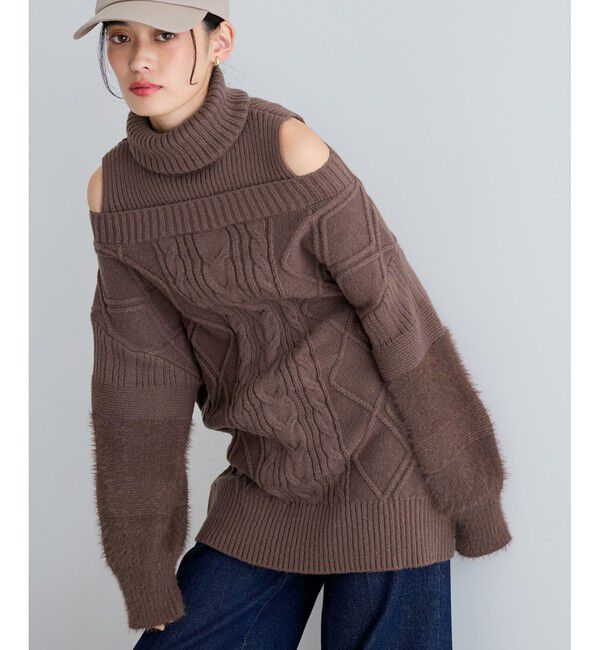 VIS「【洗える】オフショルケーブル編みミニワンピース」|ワンピース|