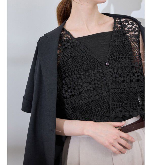 Rope&rsquo;Picnic「フロントボタンレースジレベスト/リンクコーデ」|ベスト・ジレ|ブラック(01)