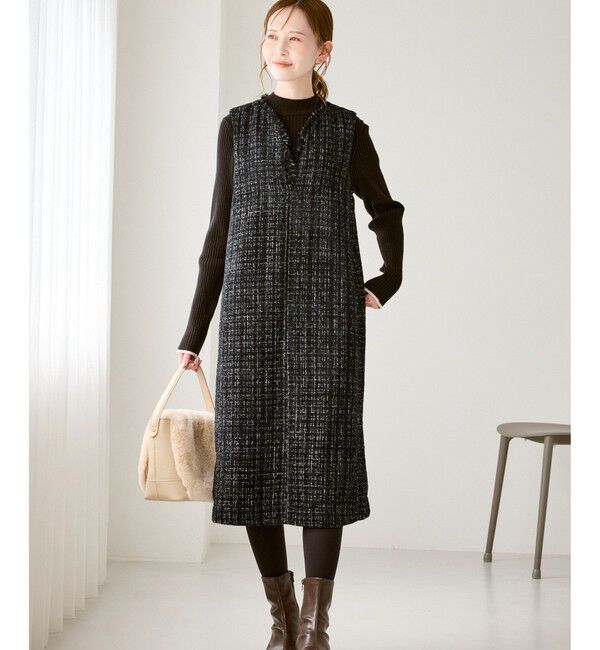Rope&rsquo;Picnic「キーネックツイードジャンパースカート ワンピース/着丈が選べる」|ワンピース|ブラック(01)