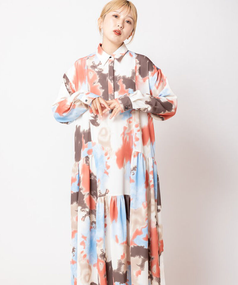  「プリント切替ギャザーシャツワンピース」|ワンピース|PINK