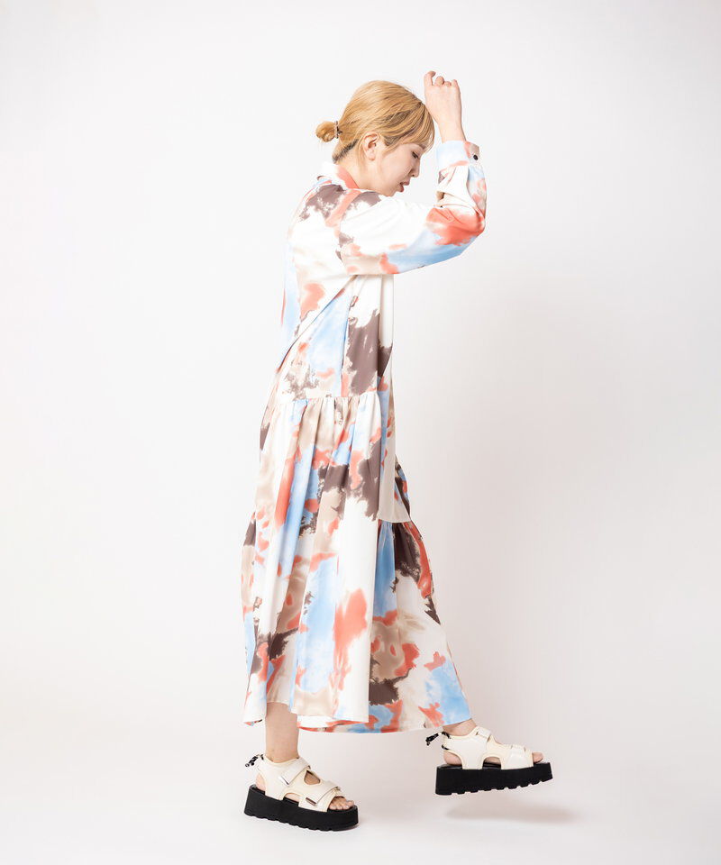  「プリント切替ギャザーシャツワンピース」|ワンピース|