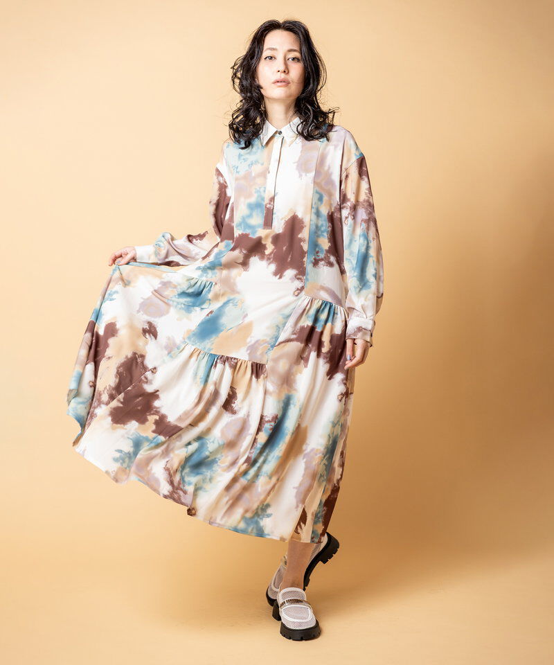  「プリント切替ギャザーシャツワンピース」|ワンピース|
