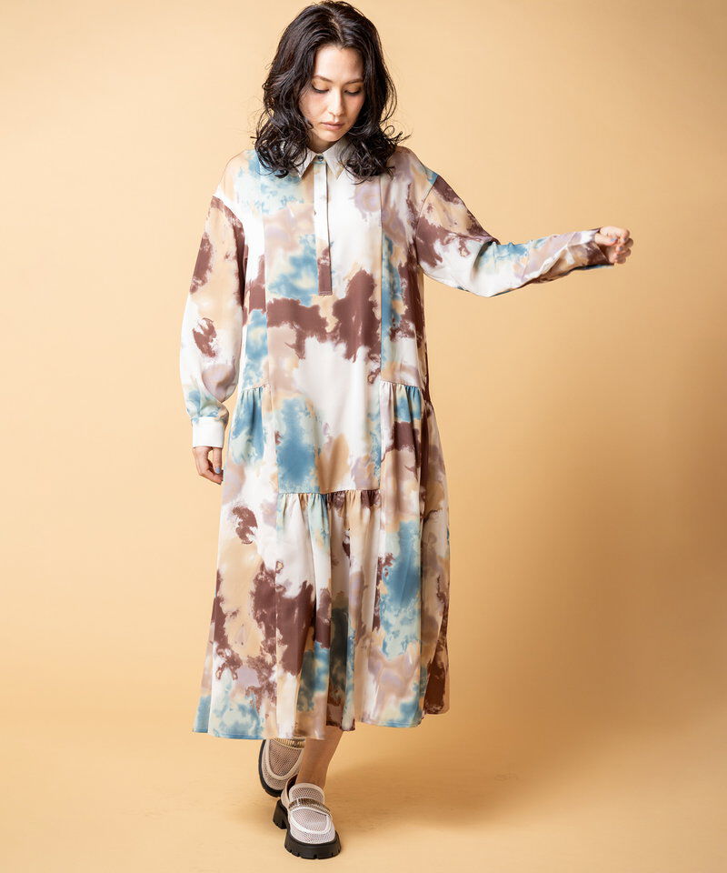  「プリント切替ギャザーシャツワンピース」|ワンピース|