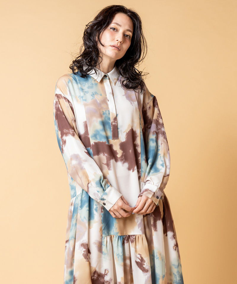  「プリント切替ギャザーシャツワンピース」|ワンピース|