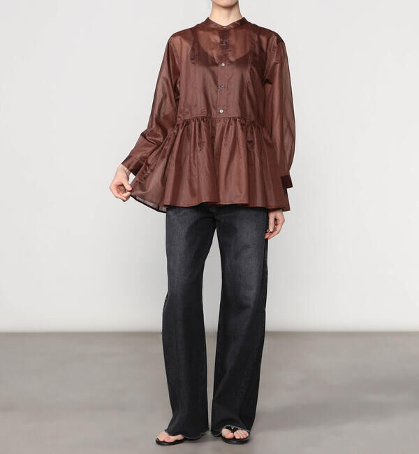 LE GLAZIK「LE GLAZIK | シアーボーダー ギャザーフレアシャツ WOMEN」|シャツ・ブラウス|BROWN系1