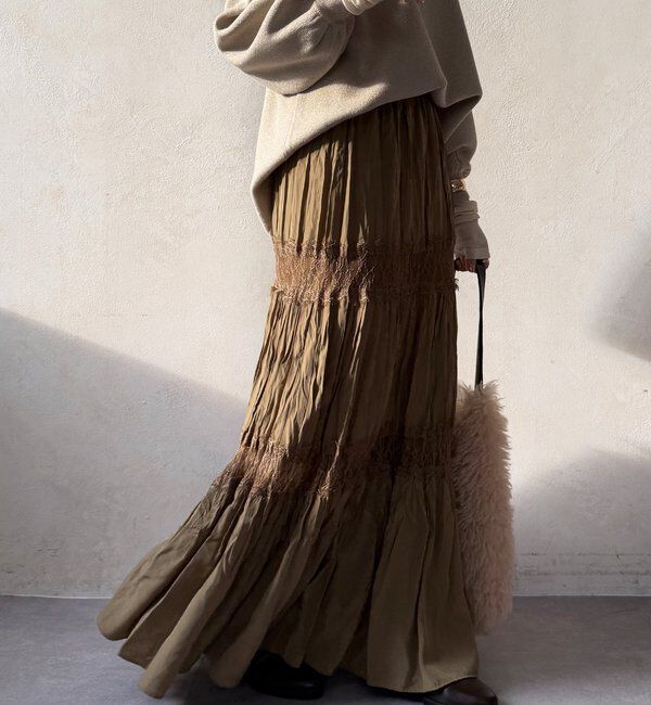  「レース切替ワッシャースカート」|スカート|カーキ