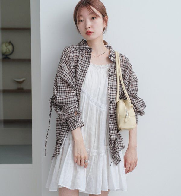  「【新色追加/S.Mサイズ展開】チェックギャザーシャツ」|シャツ・ブラウス|