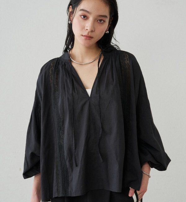  「【INDIA】スキッパーレースブラウス」|シャツ・ブラウス|ブラック