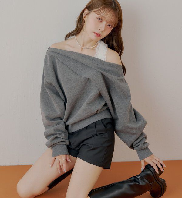  「ワンショル肩レーストップス」|Tシャツ・カットソー|チャコールグレー