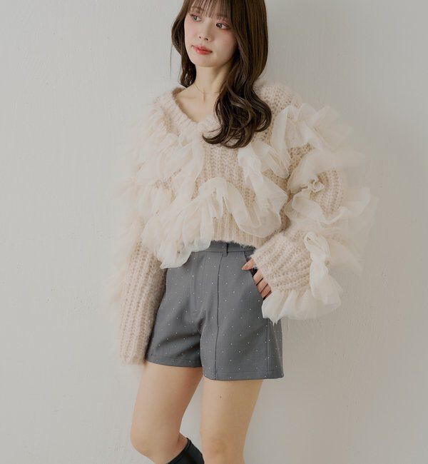  「ラインストーンショートパンツ」|チノ|グレー