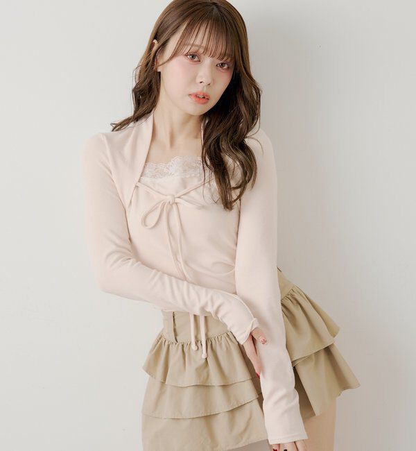  「ボレロ風レースレイヤードトップス」|Tシャツ・カットソー|