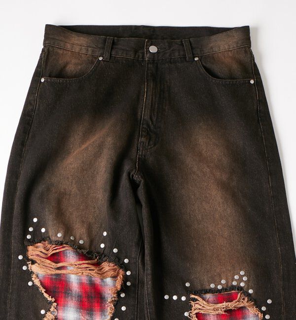  「チェックダメージスタッズデニム」|デニム|