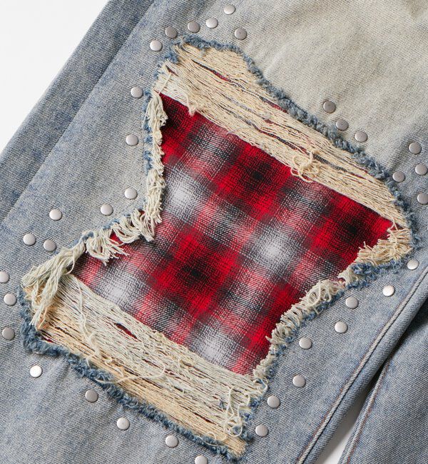  「チェックダメージスタッズデニム」|デニム|