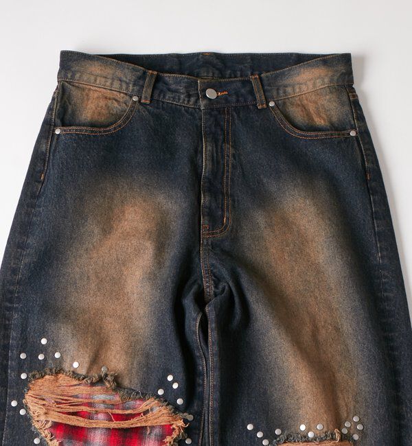  「チェックダメージスタッズデニム」|デニム|