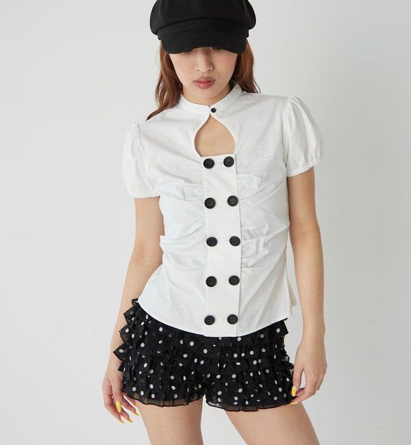  「Wボタンギャザーブラウス(ドット柄・無地)」|シャツ・ブラウス|オフホワイト