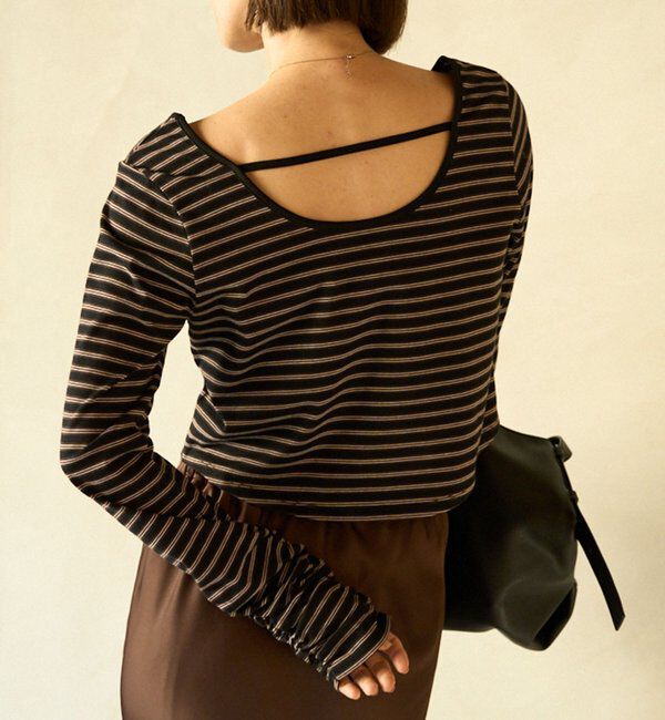  「バックUネッククロップボーダーTシャツ」|Tシャツ・カットソー|ブラウン