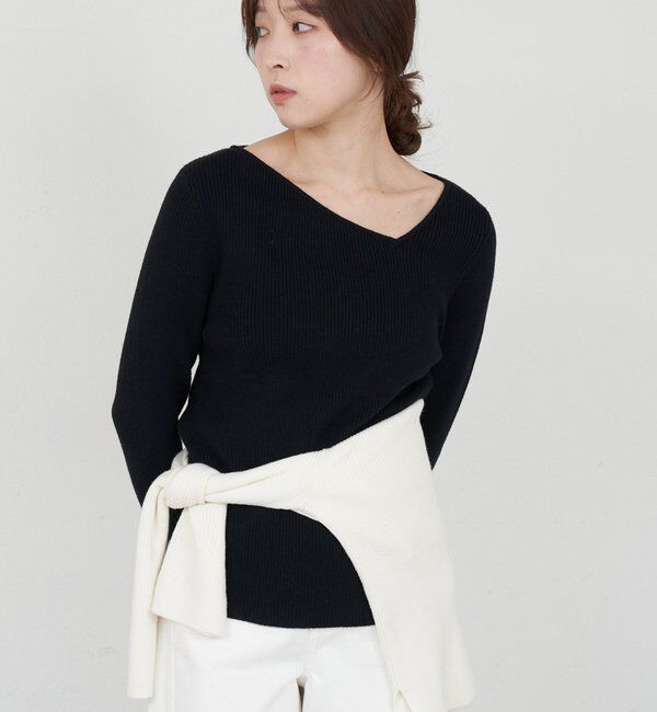  「【4色展開】アシンメトリーリブニット」|ニット・セーター|ブラック