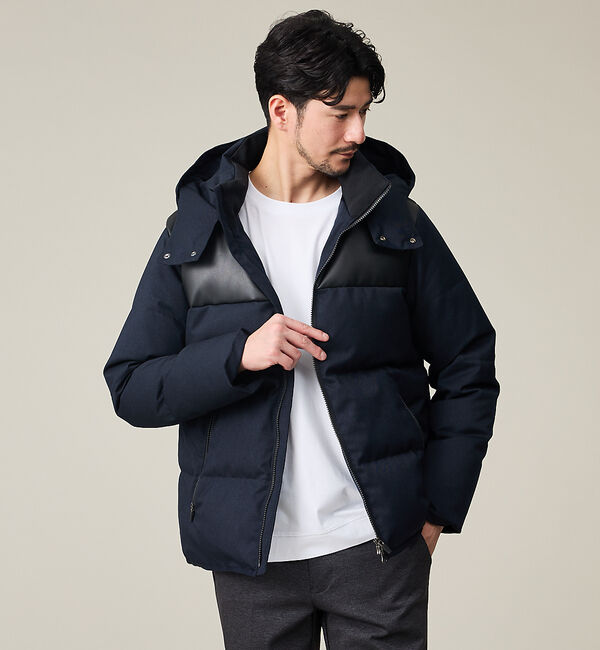 ABAHOUSE「【700FP】レザーライクコンビ ダウンジャケット」|ダウン|ネイビー