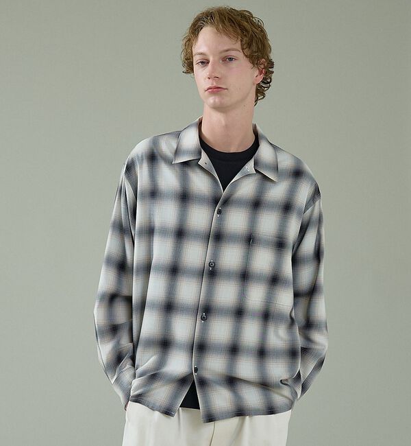 ABAHOUSE「オンブレーチェック オープンカラーシャツ / オーバーサイズ」|シャツ・ブラウス|オフホワイト