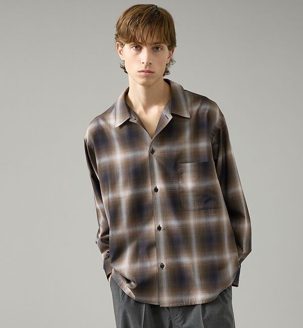 ABAHOUSE「オンブレーチェック オープンカラーシャツ / オーバーサイズ」|シャツ・ブラウス|ブラウン