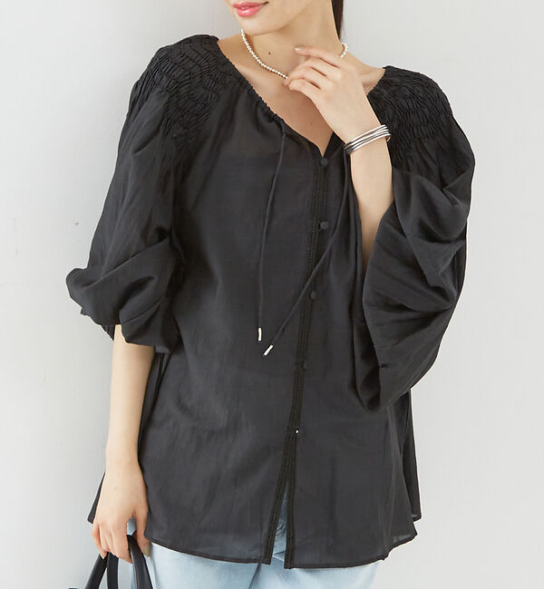 Rouge vif「コットンレーヨンボイルスモッキングブラウス」|シャツ・ブラウス|ブラック