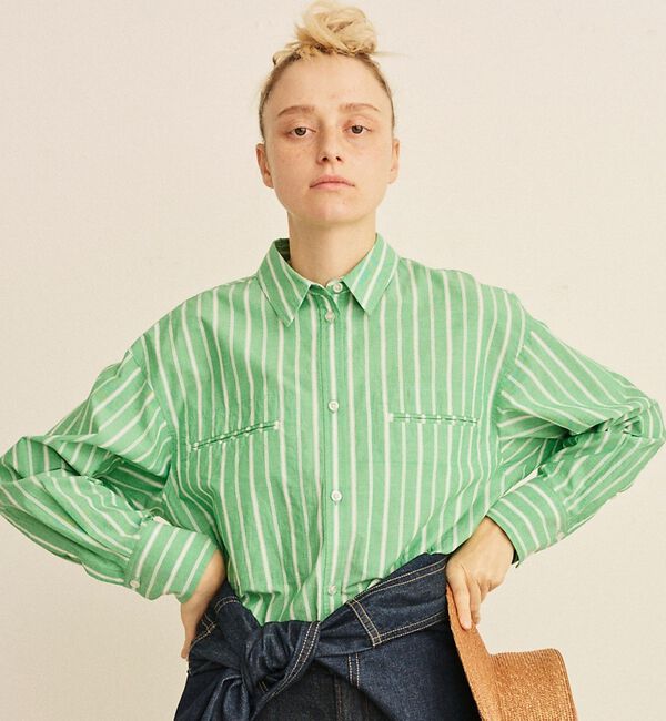 Rouge vif「胸ポケットコットン ルーズフィットストライプシャツ」|シャツ・ブラウス|グリーン