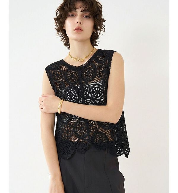 qualite「【前後2WAY仕様】スカラップレース2WAYブラウス」|ベスト・ジレ|ブラック