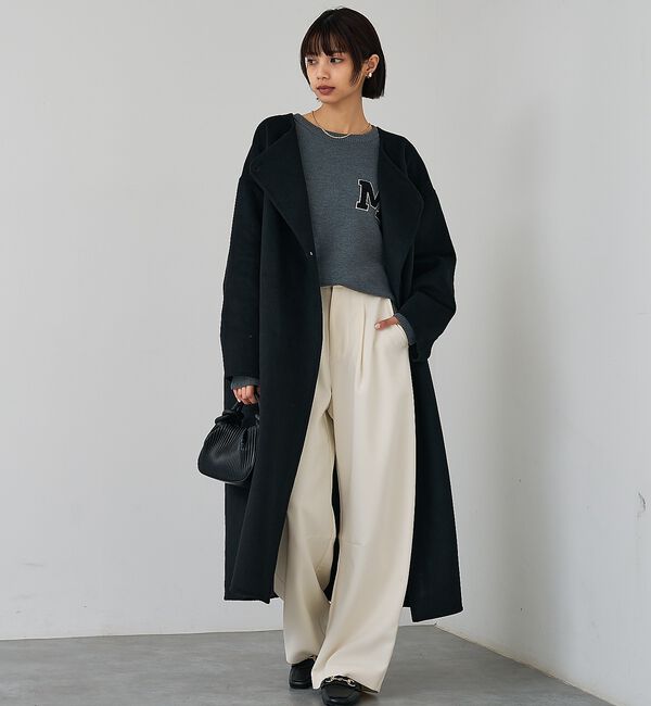 abahouse mavie「【体型カバー】ノーカラーロングコート/冬服/長袖/フォーマル/セミオケ/ウール混」|ノーカラーコート|