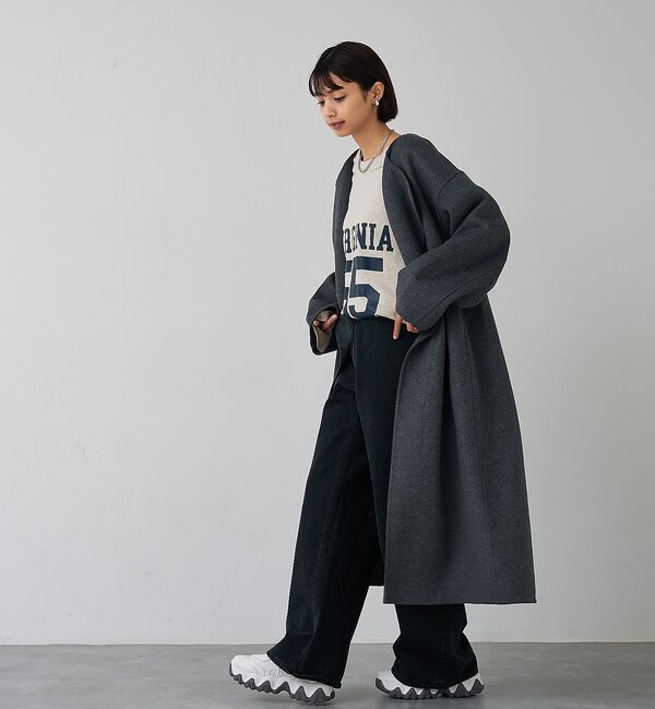 abahouse mavie「【体型カバー】ノーカラーロングコート/冬服/長袖/フォーマル/セミオケ/ウール混」|ノーカラーコート|