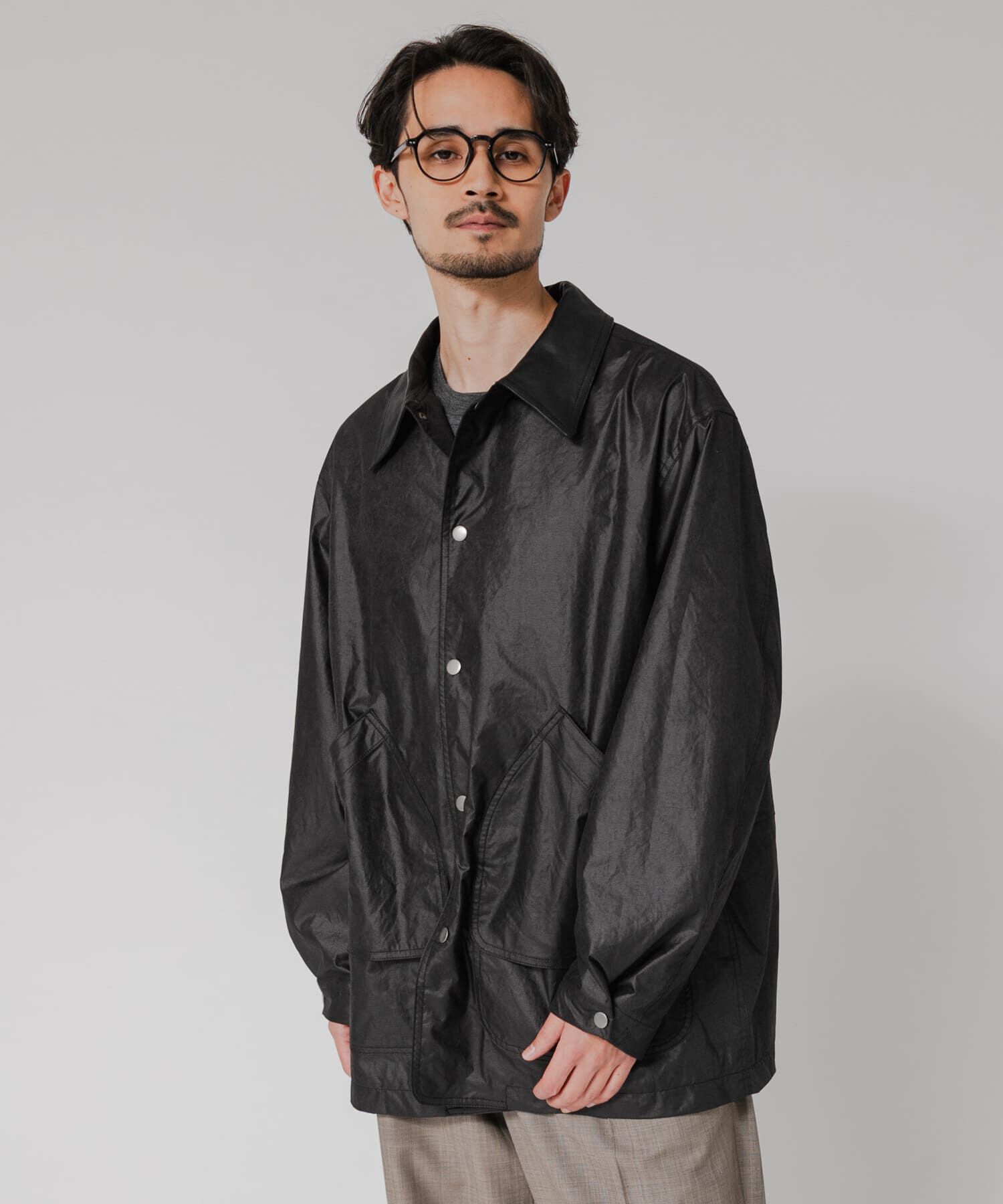 URBAN RESEARCH「NYLON HUNTING JACKET」|ノーカラーコート|ブラック