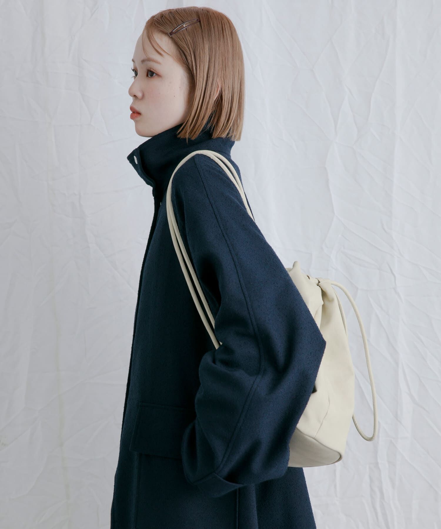  「スタンドカラーブークレコート」|ノーカラーコート|