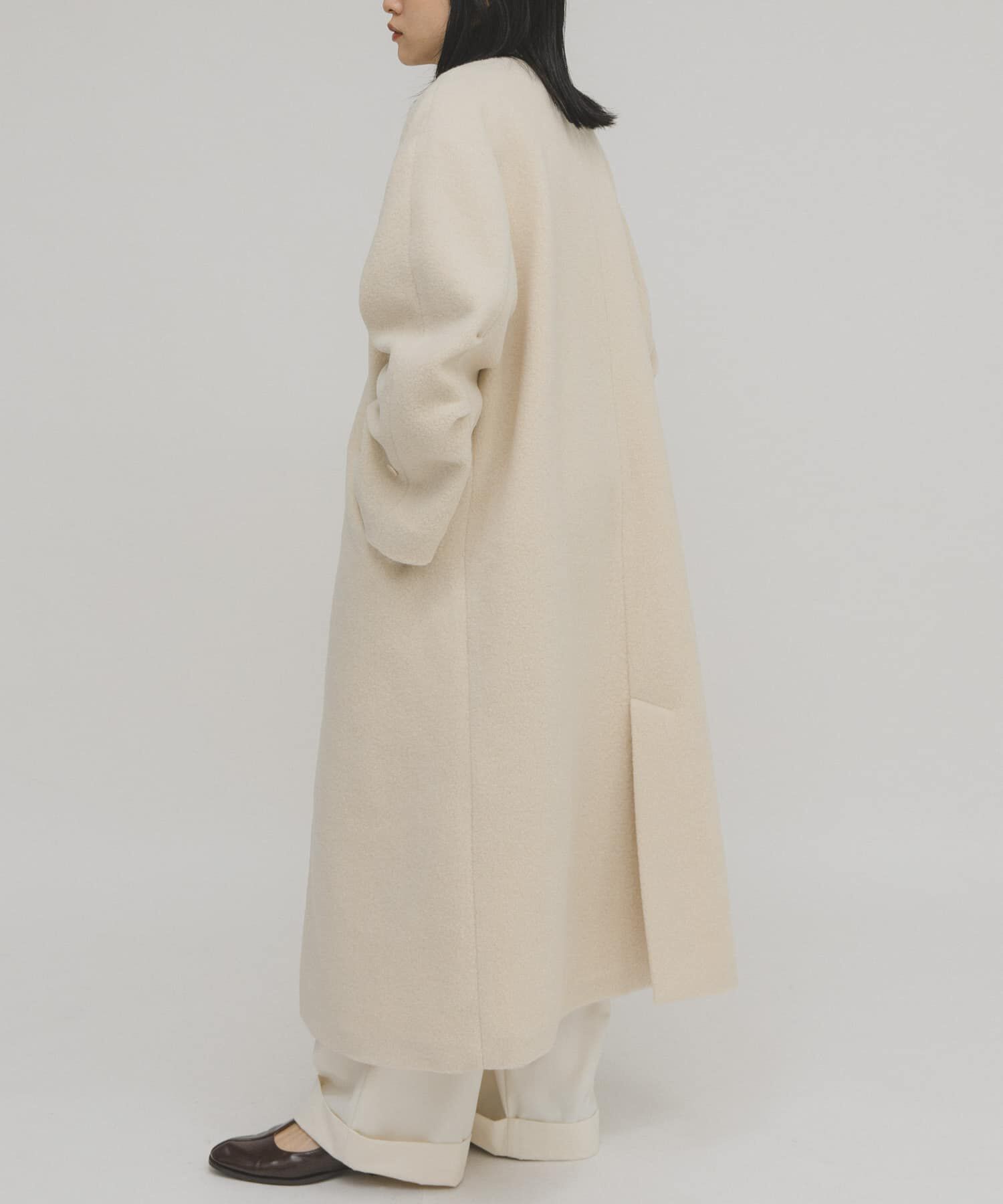  「テディボアロングコート」|ノーカラーコート|
