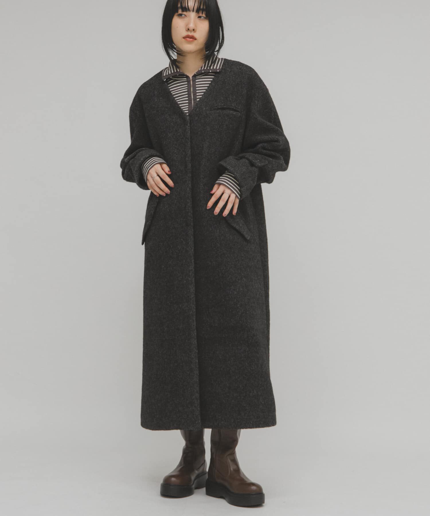  「テディボアロングコート」|ノーカラーコート|