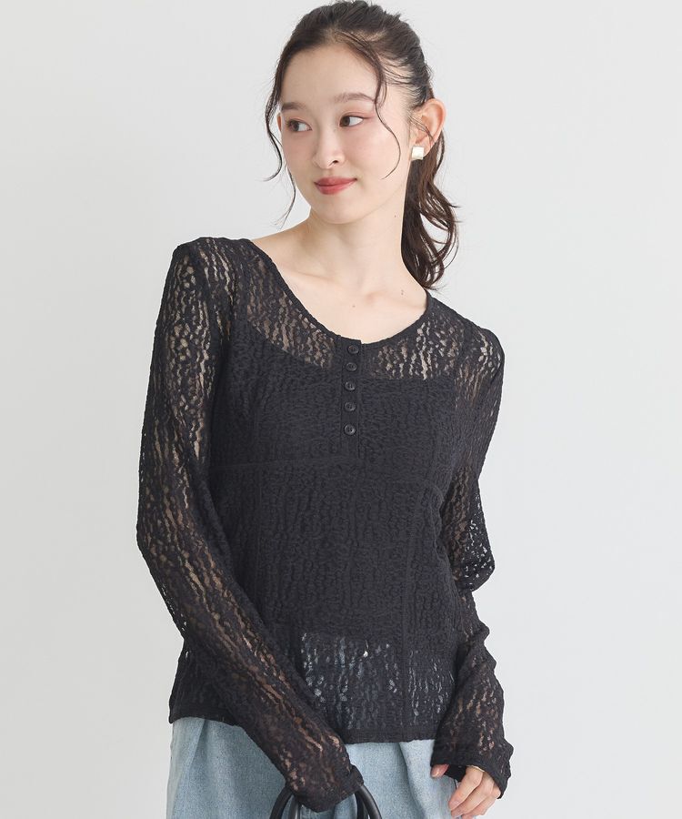 earth music&ecology「フロントボタンレースプルオーバー」|Tシャツ・カットソー|Black