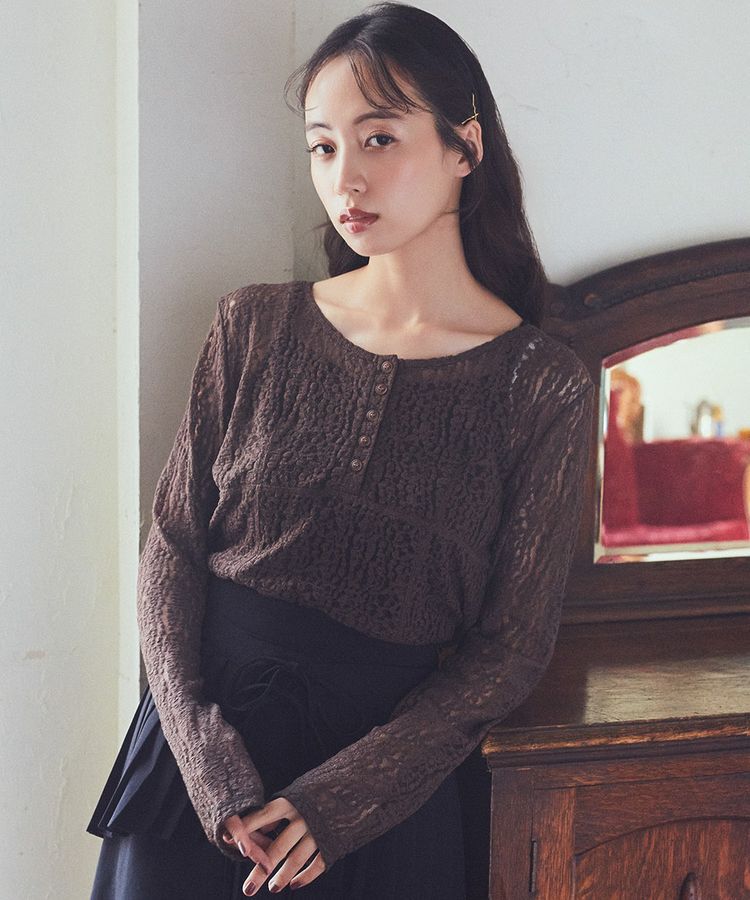 earth music&ecology「フロントボタンレースプルオーバー」|Tシャツ・カットソー|Brown