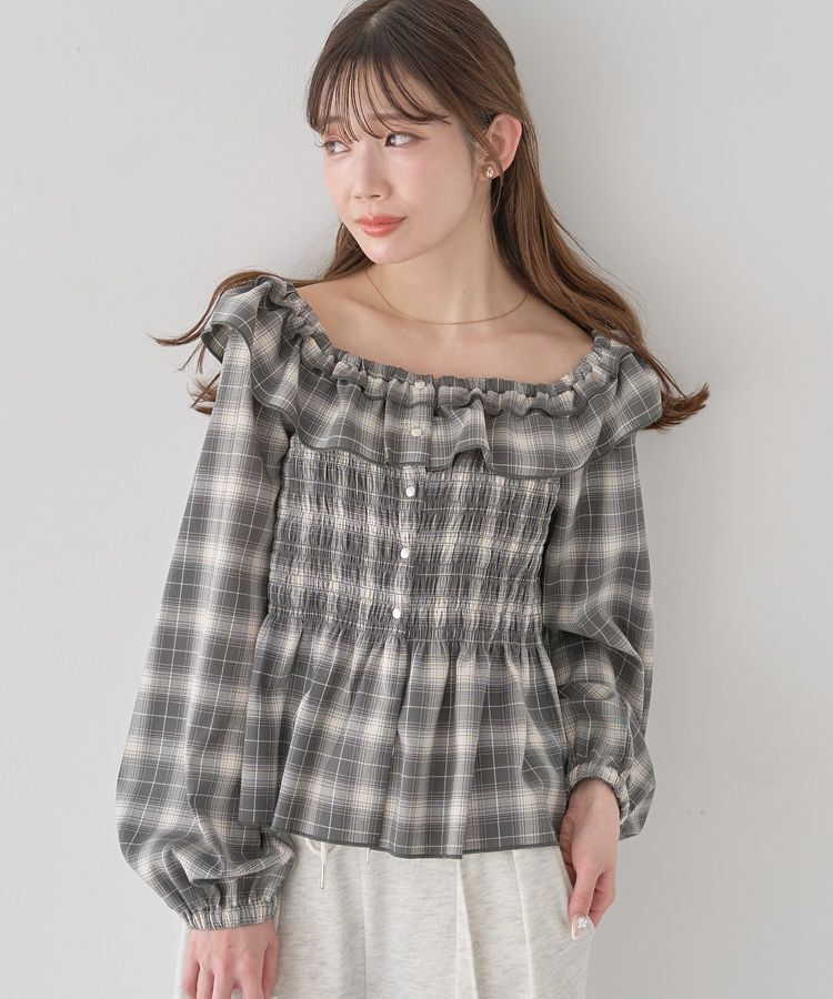 earth music&ecology「チェックシャーリングブラウス」|シャツ・ブラウス|Gray