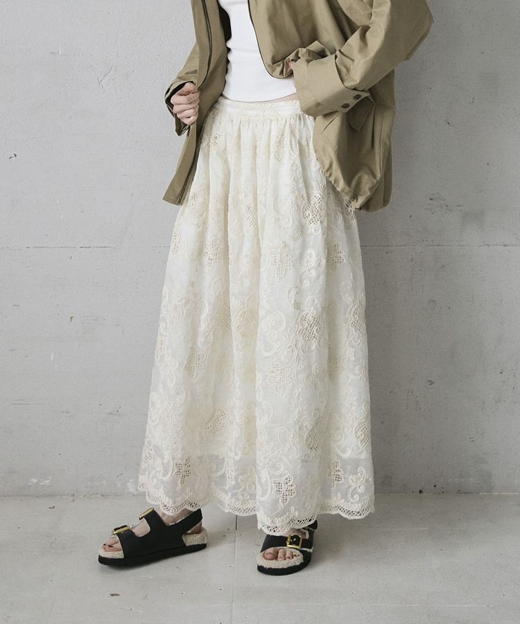 GARAGE OF GOOD CLOTHING「レースギャザーロングスカート」|フレア|Ivory