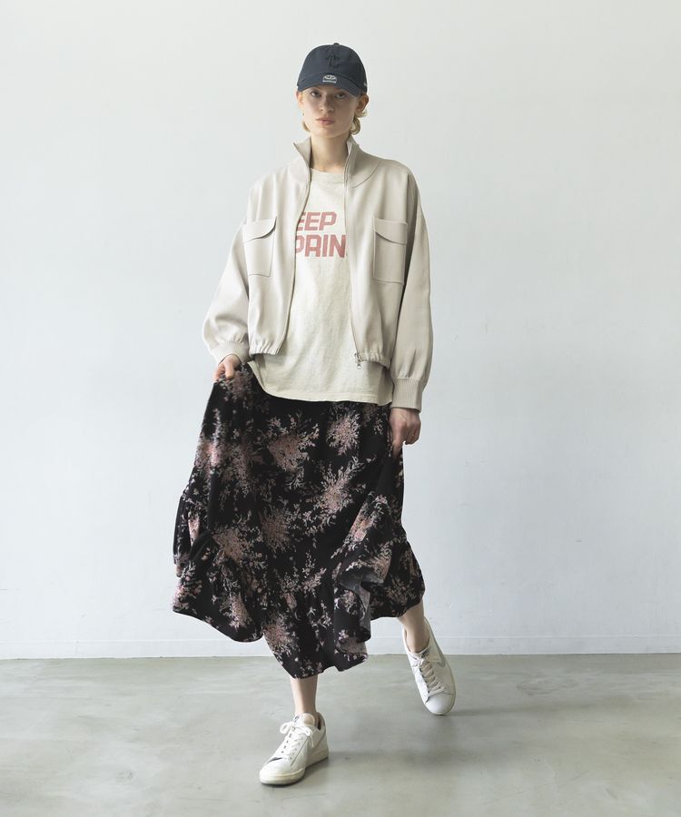 GARAGE OF GOOD CLOTHING「【日本製】ピーチファイユフラワープリント裾フリルスカート」|フレア|