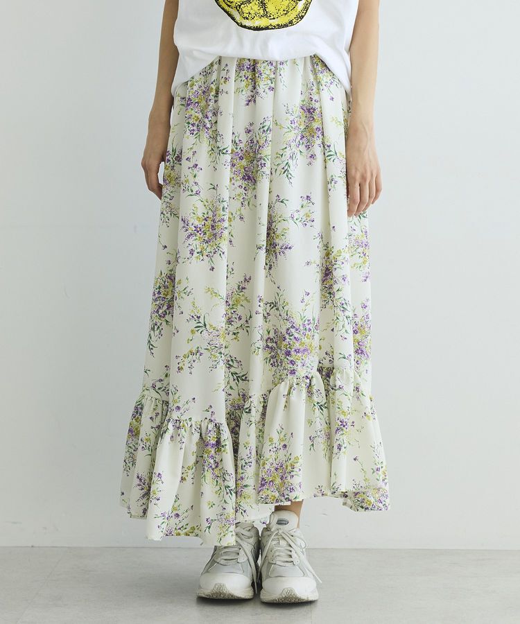 GARAGE OF GOOD CLOTHING「【日本製】ピーチファイユフラワープリント裾フリルスカート」|フレア|