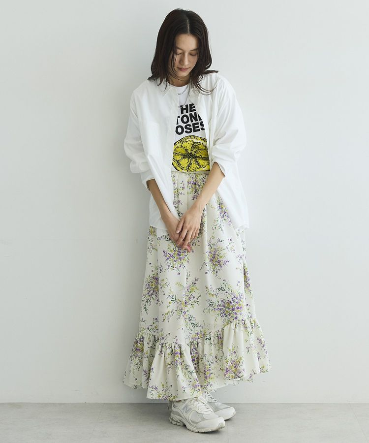 GARAGE OF GOOD CLOTHING「【日本製】ピーチファイユフラワープリント裾フリルスカート」|フレア|