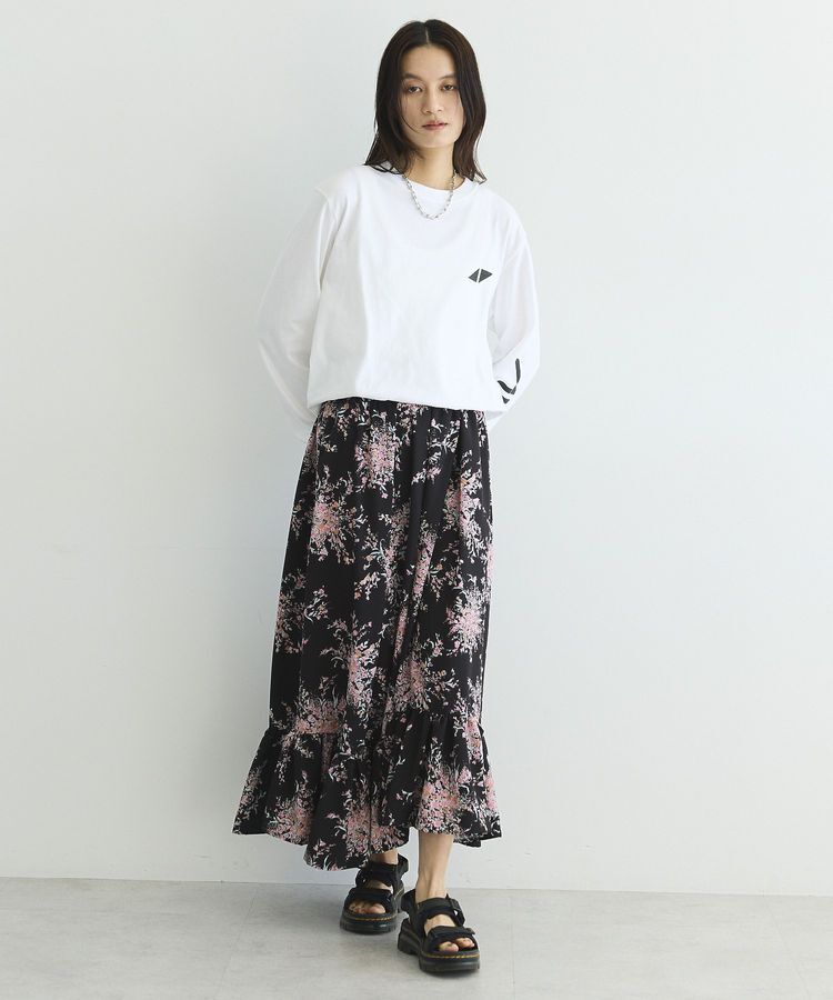 GARAGE OF GOOD CLOTHING「【日本製】ピーチファイユフラワープリント裾フリルスカート」|フレア|