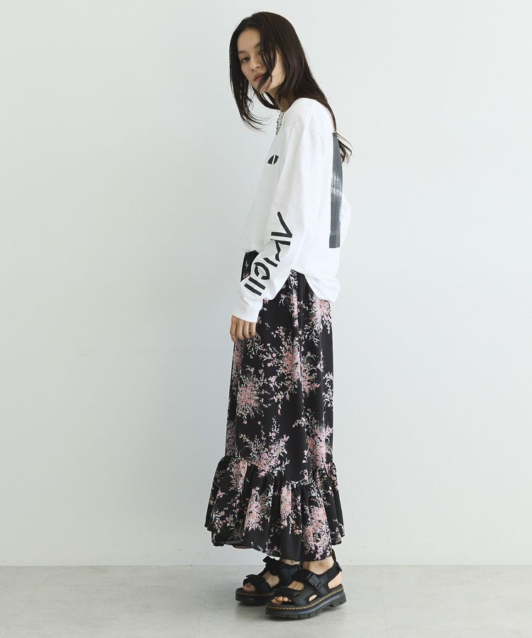 GARAGE OF GOOD CLOTHING「【日本製】ピーチファイユフラワープリント裾フリルスカート」|フレア|