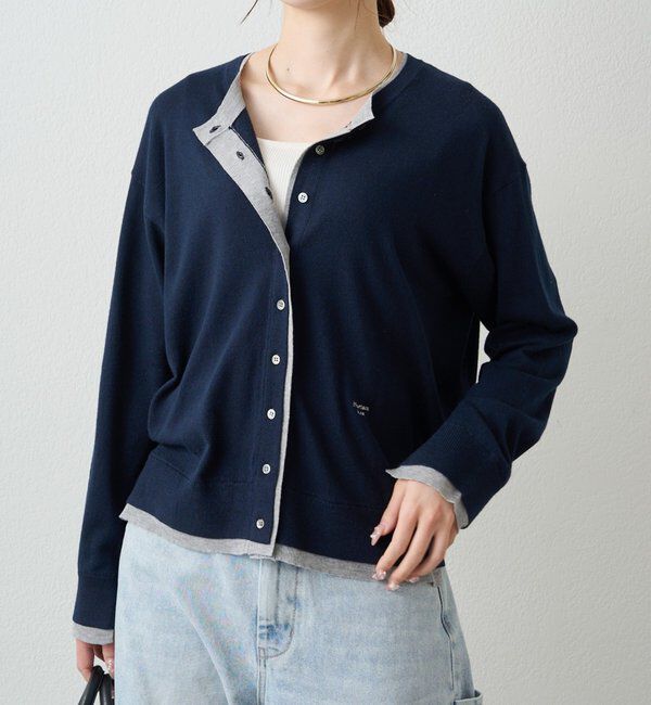  「レイヤード風配色ニットカーディガン」|カーディガン|ネイビー