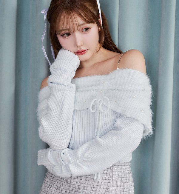  「パール&times;ビジューオフショルニット」|ニット・セーター|サックスブルー