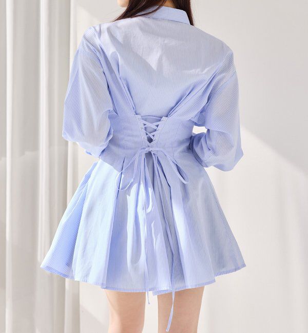  「【マイナス5キロ見え】レースアップシャツチュニック」|シャツ・ブラウス|サックスブルー