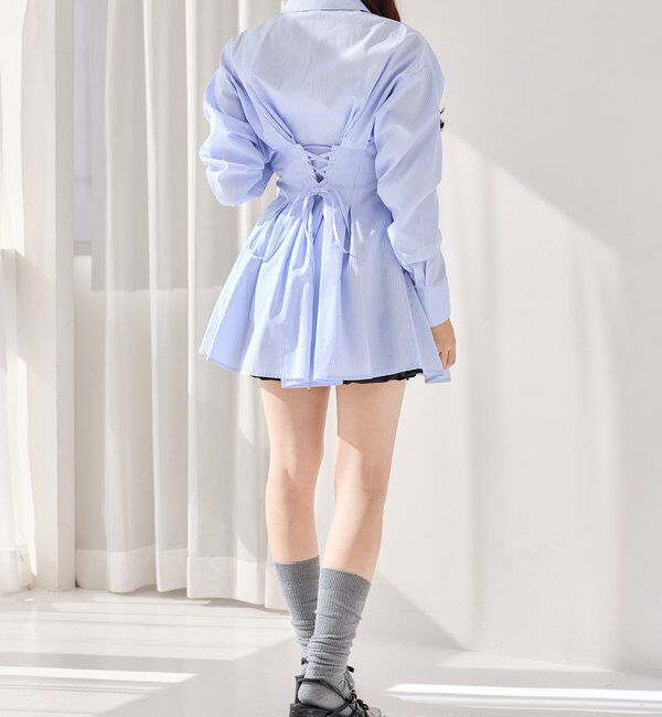  「【マイナス5キロ見え】レースアップシャツチュニック」|シャツ・ブラウス|