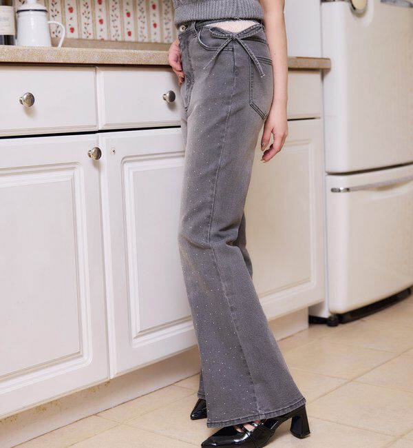  「【選べる4サイズ】サイドカットレース美脚ビジューデニム」|その他|