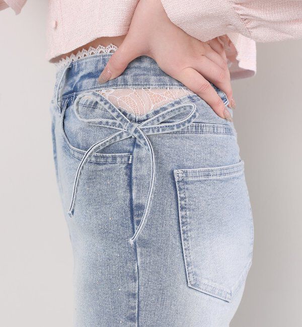  「【選べる4サイズ】サイドカットレース美脚ビジューデニム」|その他|