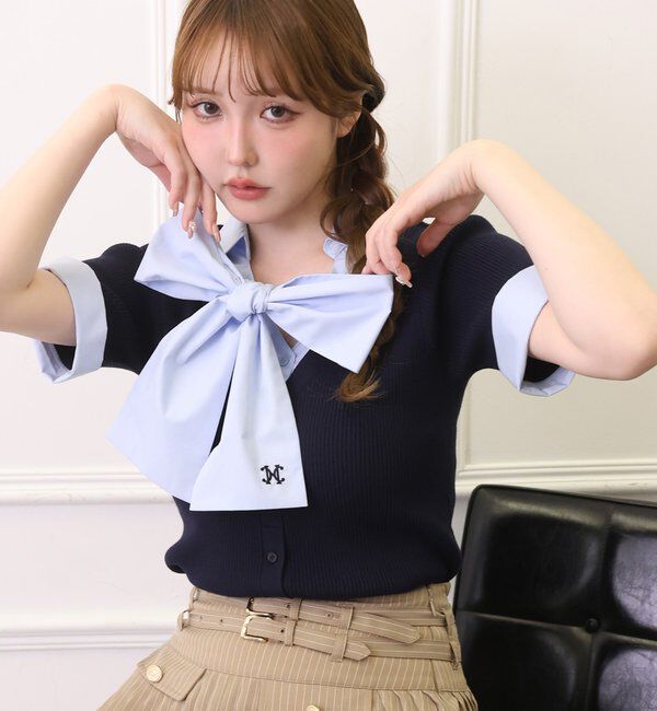  「【リボン取り外し可能】リボンシャツドッキングニット」|ニット・セーター|